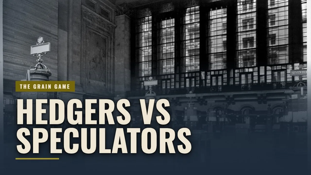 Video title card — a dark trading hall with tall arched windows, labelled The Grain Game over the title Hedgers vs Speculators